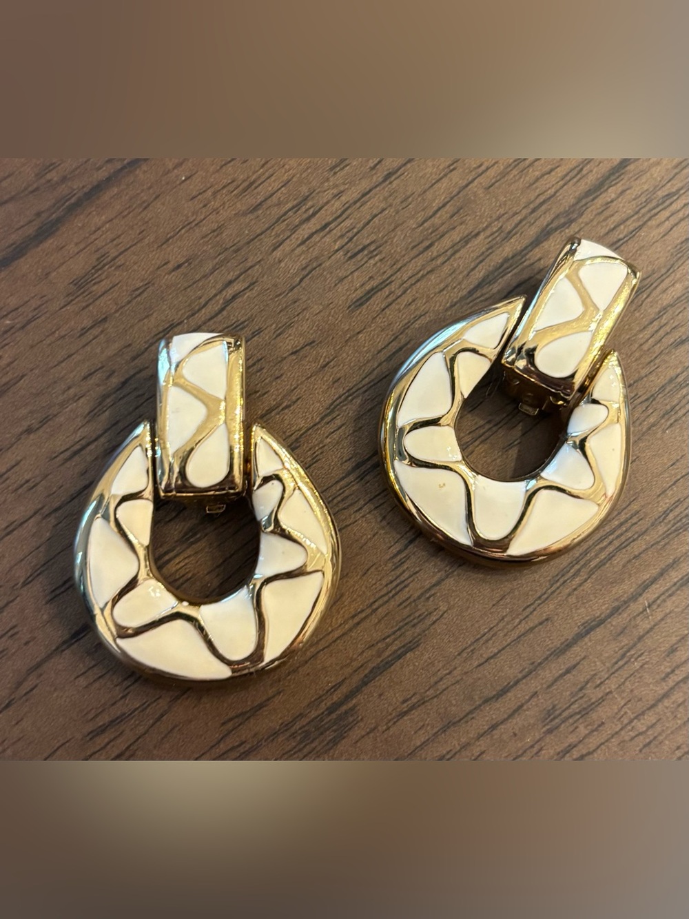 Vintage Givenchy Gold Tone & Ivory Enamel Door Knocker Clip-On Earrings